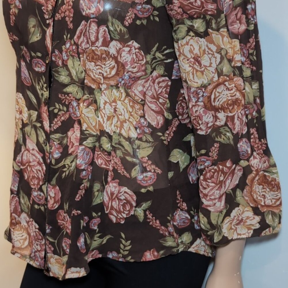 CAbi Pure Silk Top Floral Pintucked Velvet Buttoned Shirt Brown Womens Medium - Picture 4 of 14